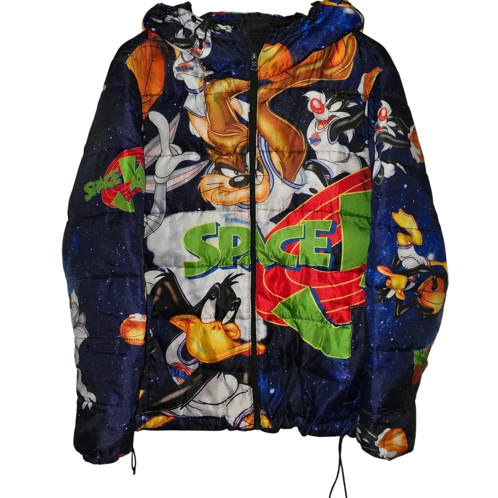 Space Jam Puffer Jacket Men's Medium All Over Print Cartoon Character NBA - Picture 1 of 7